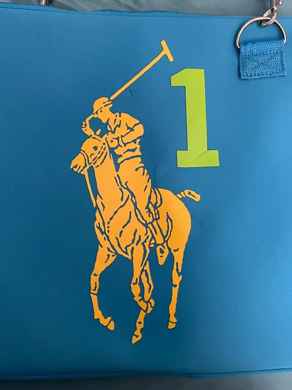 New Ralph Lauren Blue Laptop Crossbody with Neon Yellow Polo Logo 13” L x 12” H